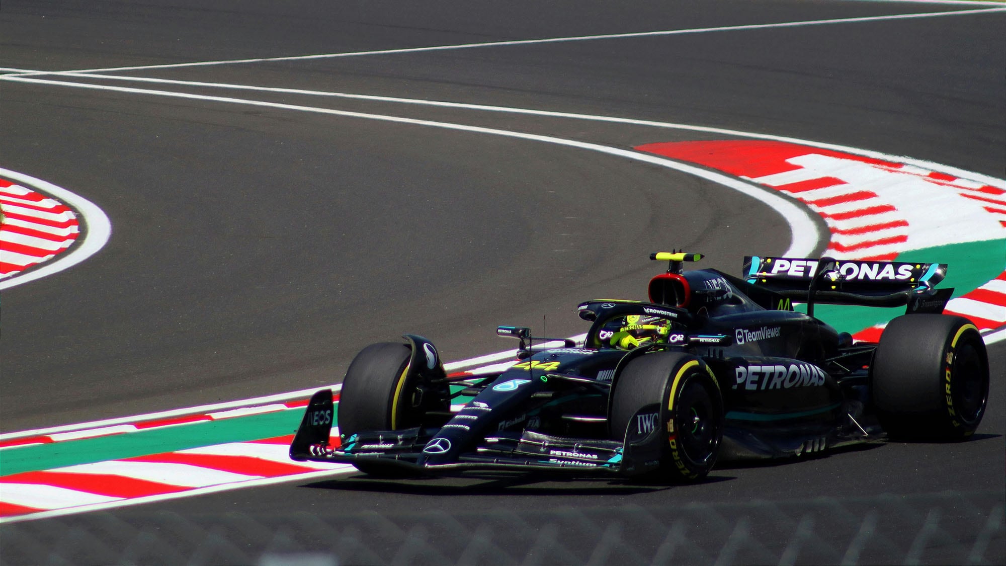 Formula 1 car cornering at a circuit